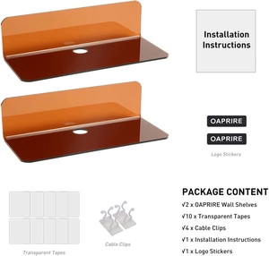 Orange acrylic floating shelves set with mounting adhesive strips and cable clips detail