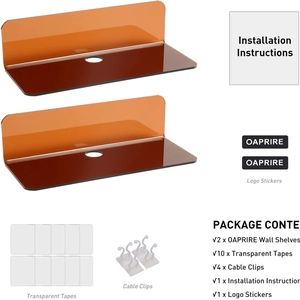 Set of 2 brown transparent acrylic floating wall shelves with installation accessories