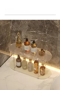 Detail view of double-layer acrylic cosmetic organizer with textured glass shelves