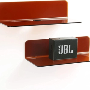 Set of two amber acrylic floating shelves with wire holes for speakers and clocks