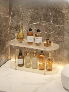 Detail of double-tier acrylic storage shelf with silver metal supports and striped texture