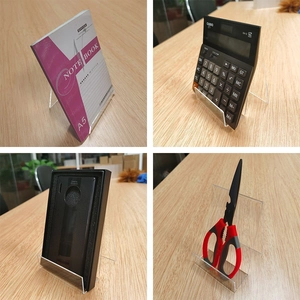 Clear acrylic display stand with L-shaped support for books, tablets and office supplies