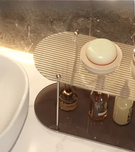 Detail view of double-layer acrylic storage shelf with striped texture and silver metal stand