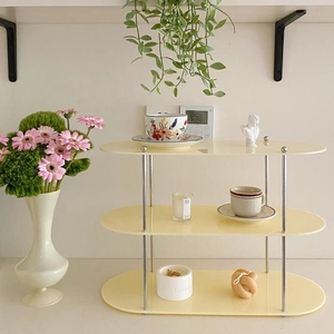 Modern 3-tier cream acrylic oval storage rack with silver metal supports for home decor