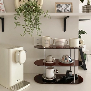 3-tier brown acrylic storage rack with metal stands for coffee station and desk organization