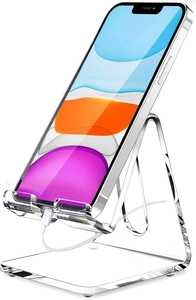 Clear acrylic phone stand with charging cable slot and dual hook design for desk display