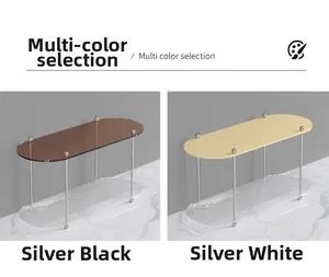 Close-up of modern acrylic shelf with silver metal frame in amber and beige color options