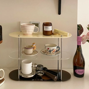Modern 3-tier acrylic storage rack with cream and transparent levels for desktop organization