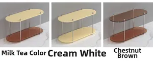 Three variants of Nordic acrylic double-tier storage racks in milk tea, white, and chestnut brown