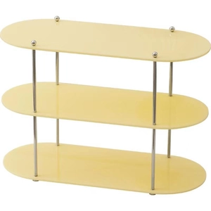 Three-tier cream acrylic storage rack with silver metal pillars for makeup and cups