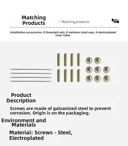 Detail of hardware kit with 8 zinc rods, 8 stainless steel caps and 4 plated tubes