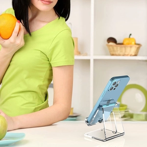 Clear acrylic desktop phone stand with minimalist L-shaped support for display