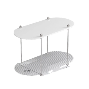 Modern 2-tier acrylic tabletop shelf with silver metal pillars and 15cm width base