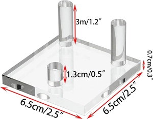 Clear acrylic display stand with dimensions showing 6.5x6.5cm base and three pillar heights