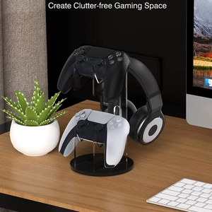 Acrylic gaming stand for controllers and headsets on a wood desk for clutter-free space