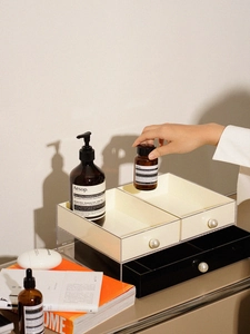 Détail du rangement maquillage acrylique avec poignées perle et tiroirs organisateurs