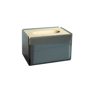 Modern acrylic tissue box with natural wood lid and dark gray translucent side panels
