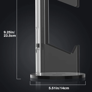 Acrylic gaming headset stand with black round base showing 23.5cm height dimensions