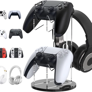 Acrylic desktop stand for two game controllers and one headset with a stable round base