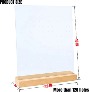 Detailed size chart for acrylic earring holder with 120 holes and wood base