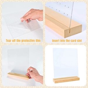 Acrylic jewelry display stand with wood base showing protective film removal and assembly