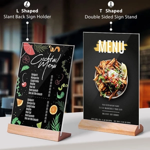 Porta menu in acrilico a forma di L e T con base in legno per espositori da tavolo bar