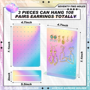 Three-piece set of iridescent acrylic earring holders with 72 holes for jewelry display