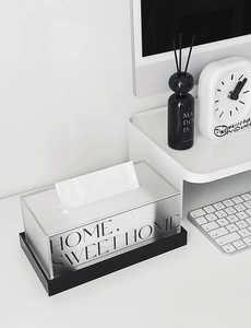 Minimalistische Taschentuchbox aus Acryl mit 'HOME SWEET HOME' Text im modernen Stil