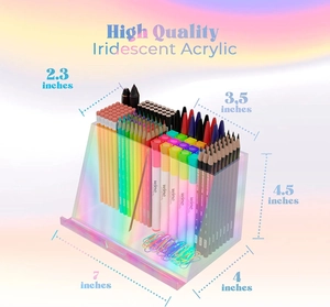 Iridescent acrylic desk organizer with multiple compartments and detailed dimensions