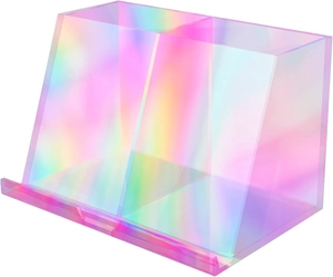 Close-up of rainbow iridescent acrylic desk organizer with dual slots and anti-slip bars