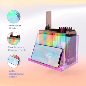 Iridescent acrylic desk organizer with pen holder and tablet stand in rainbow finish