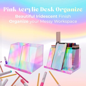Detailed view of iridescent pink acrylic desk organizer holding a smartphone and pens