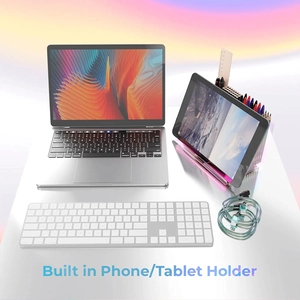 Macro view of rainbow acrylic desk organizer featuring built-in tablet and phone holder