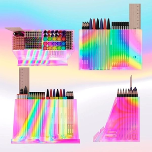 Macro detail of iridescent acrylic desk organizer with multiple slots for stationery