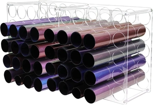 Vue détaillée du support en acrylique transparent à 48 trous pour rouleaux de vinyle