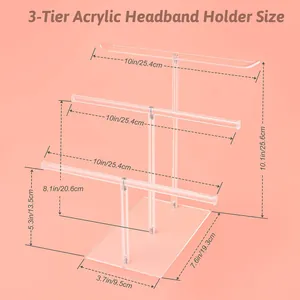 Detailed size chart for 3-tier clear acrylic headband holder and jewelry display stand