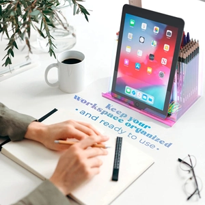 Rainbow acrylic desk organizer with tablet holder and multi-compartment stationery storage