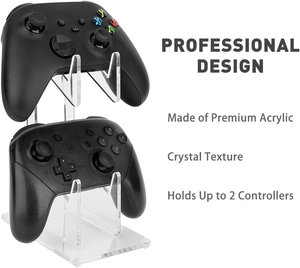Macro detail of clear acrylic dual controller stand with premium crystal texture