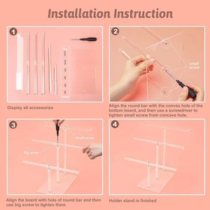 Three-tier transparent acrylic jewelry stand assembly steps with screws and screwdriver