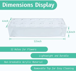Clear acrylic rectangular vase dimensions 12x4x2.6 inches with 12 holes and removable top
