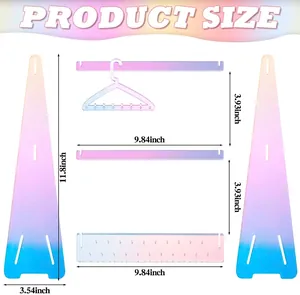 Detailed dimensions of the rainbow acrylic jewelry stand with hangers and base specs