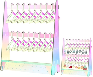Detail of iridescent acrylic earring rack with mini hangers for jewelry storage