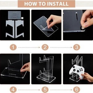 Clear acrylic dual game controller stand holder with six-step easy installation guide