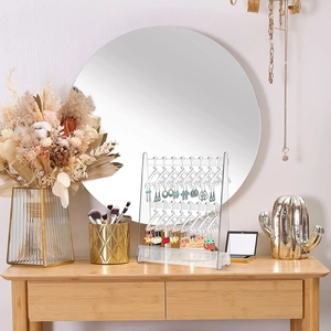 Detail of clear acrylic earring organizer with mini hangers and two hanging bars