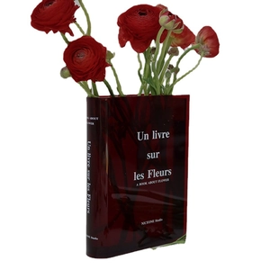 Nordic book-shaped red acrylic vase with French typography for modern home decor