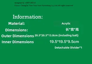 Detailed size chart for acrylic storage box showing 20.5x20.5x13.8cm outer dimensions