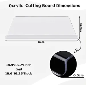Clear acrylic cutting board with lip and measurement details for kitchen countertop use