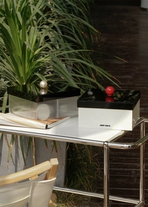 Minimalist acrylic storage box detail featuring pearl handles and striped texture