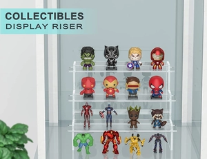 Detailed macro view of 4-tier transparent acrylic collectibles display riser stand