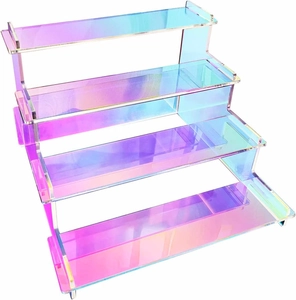 Detailed side view of 4-tier iridescent acrylic riser stand showing holographic finish